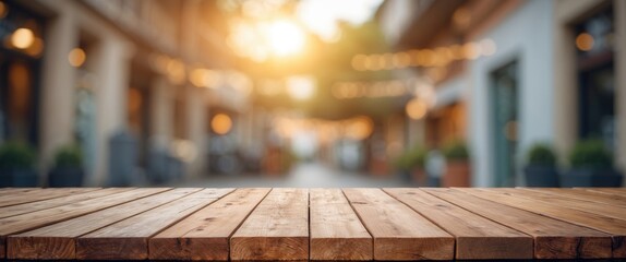 Poster - Wood Table Surface with Blurred Urban Background Ideal for Product Display or Text Montage with Warm Ambient Lighting