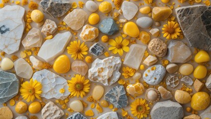 Poster - Yellow marble stone and flower background with various textures and shades for use in design and decoration themes