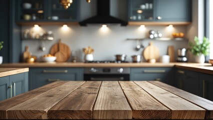 Poster - Wooden table surface with a blurred modern kitchen backdrop ideal for product display and design layouts in home decor settings.