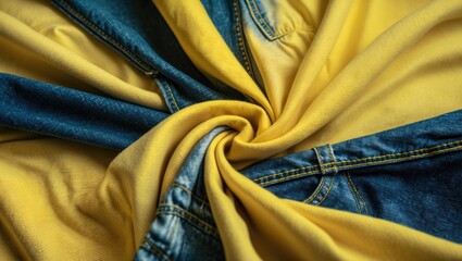 Poster - Vibrant yellow and blue denim fabric texture showcasing folds and creases in material for fashion and design backgrounds.