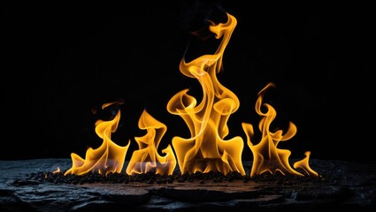 Poster - Vivid yellow flames dancing against a dark backdrop creating a striking visual contrast ideal for backgrounds and thematic designs.