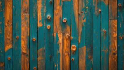 Poster - Vibrant teal and brown wood texture background featuring rustic planks for creative design and interior applications.