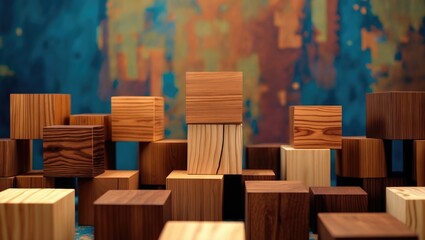 Poster - Wooden cubes in various shades of brown arranged creatively against a vibrant blue and orange textured background.