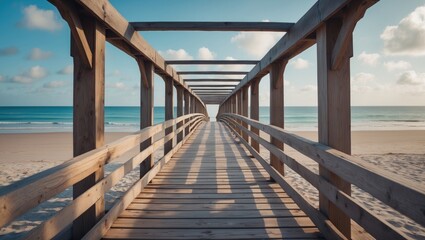 Poster - Wooden Pathway Leading to Tranquil Beach with Clear Skies and Room for Text Overlay