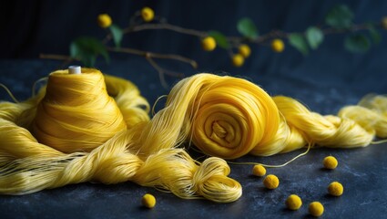 Poster - Vibrant yellow silk threads displayed artistically with decorative pom-poms against a dark textured background showcasing textile craftsmanship.