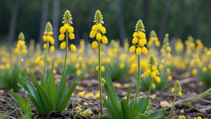 Poster - Vibrant Yellow Slipperwort Flowers Blooming in Field with Lush Green Foliage and Space for Text Overlay