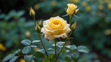 Poster - Beautiful Yellow Rose Blossoming Amid Green Foliage with Soft Focus Background in a Vibrant Garden Setting