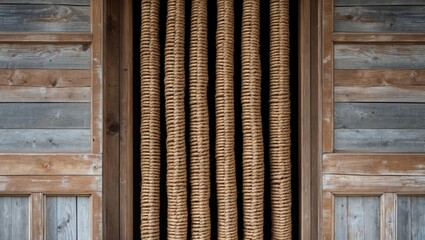 Poster - Rustic wooden door featuring a decorative curtain made of woven ropes, enhancing the natural charm of a traditional architectural style.
