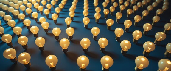 Poster - Uniform arrangement of illuminated yellow light bulbs casting shadows in a flat lay perspective creating a mesmerizing pattern.