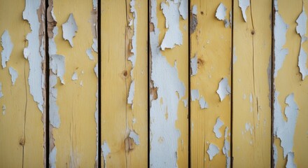 Poster - Peeling light yellow paint on wooden boards creating a rustic and textured background for design and artistic applications.