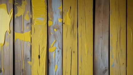 Poster - Yellow painted wooden boards with textured paint drips creating a rustic low-key background ideal for creative design projects.