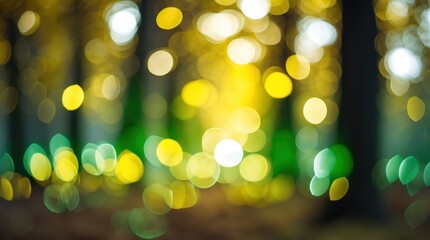 Poster - Bokeh effect of yellow and green lights creating a soft blurred background from tree foliage in a tranquil forest setting.