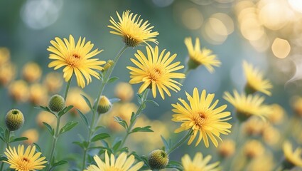Poster - Vibrant yellow starburst flowers with a blurred bokeh background creating a serene atmosphere and ample space for text or graphic overlay.