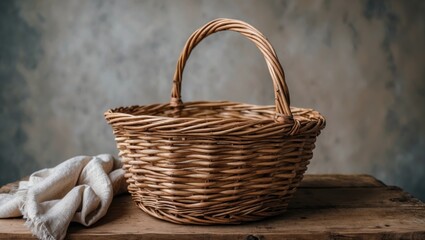 Poster - Woven Rattan Basket with Handle on Rustic Wooden Table Against Blurred Background Perfect for Home Decor and Storage Themes