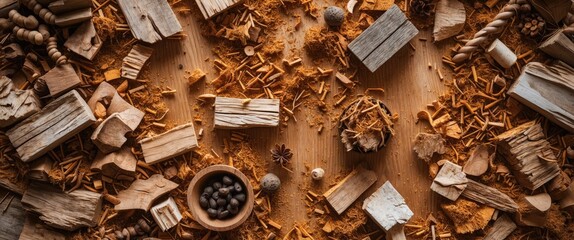 Poster - Natural wood sawdust texture background with assorted wooden pieces and decorative elements in a close-up view. Ideal for rustic designs.