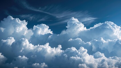 Poster - Dramatic layers of white puffy clouds in a vibrant dark blue sky creating a serene and abstract nature background suitable for various themes