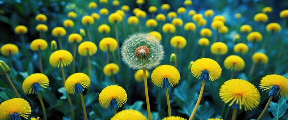 Poster - Vibrant garden scene showcasing blooming yellow dandelions with one seed head surrounded by lush greenery in a serene natural setting.