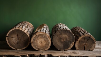 Poster - Wooden logs arranged on a rustic wooden table against a smooth green background showcasing natural textures and earthy tones.