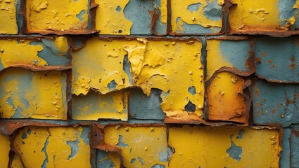 Poster - Rusty yellow and blue metallic wall texture with peeling paint and weathered surfaces ideal for backgrounds and industrial design projects