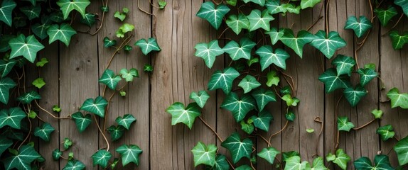 Poster - wooden background adorned with vibrant green ivy leaves showcasing a natural outdoor aesthetic and t