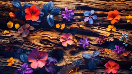 Poster - Colorful flowers on rustic wood background creating a vibrant natural texture for design and decoration purposes.