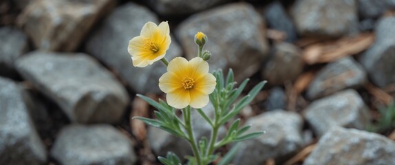 Poster - Yellow Wildflower Blooming Among Pebbles and Stones in a Natural Outdoor Setting