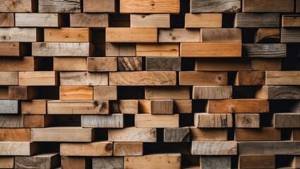 Poster - Wooden blocks stacked irregularly creating a rustic wall texture suitable for backgrounds or interior design projects