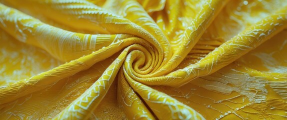 Poster - Vibrant yellow textile texture closeup showcasing intricate patterns and luxurious fabric draping for design or fashion projects