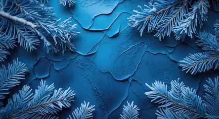 Poster - Frozen coniferous branches on a classic blue textured background highlighting nature's beauty and the color of the year concept.