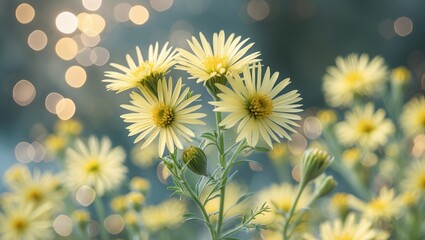 Poster - Yellow Starburst Flowers with Soft Bokeh Background and Space for Text Ideal for Nature, Floral and Gardening Themes