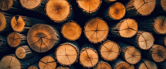 Poster - Close up of stacked wooden logs in a woodpile showcasing natural texture and vibrant colors for rustic or eco-friendly themes.