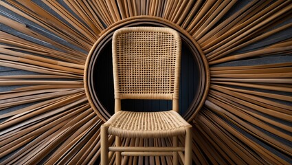 Poster - Woven Chair Design Surrounded By Textured Sunburst Background Creating A Modern Aesthetic Ambiance