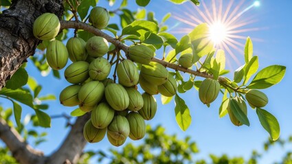 Poster - Sunlit branch of green Greek nuts growing on a tree surrounded by lush foliage under a bright blue sky with solar reflections.