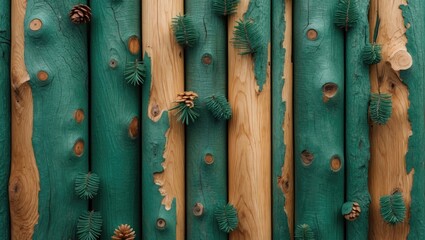 Poster - Textured spruce wood with green accents and pinecones natural elements background design