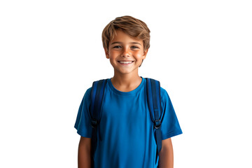 Poster - Portrait of a smiling young schoolboy with backpack, isolated on white background