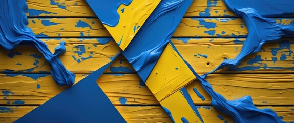  - Vibrant yellow and blue paint swirl on textured wooden wall creating an abstract geometric art composition ideal for modern design themes
