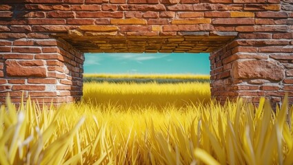 Poster - Vibrant yellow grass framed by a rustic brick wall with a clear blue sky, creating a serene summer landscape visual.