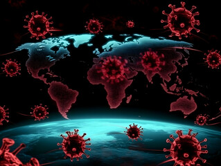global corona virus pandemic red and blue illustration of the world
