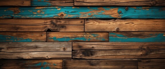 Poster - Rustic wood texture background with brown and turquoise planks creating a weathered, grunge wall pattern ideal for decorative use.