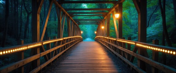 Poster - Serene illuminated wooden bridge in a lush forest evoking tranquility and enchantment during twilight hours