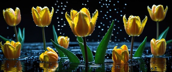 Poster - Yellow tulips with water droplets on black background creating a striking floral composition symbolizing freshness and beauty.