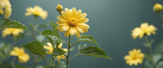 Poster - Vibrant Yellow Flower Surrounded by Green Foliage with Soft Focus Background for Text Placement and Nature-Themed Design