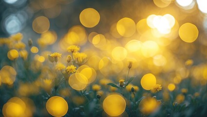 Poster - Golden bokeh effect in a field of yellow flowers illuminated by soft sunlight creating a warm and dreamy atmosphere