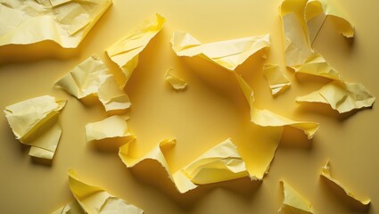 Poster - Yellow torn paper texture background with crumpled sheets creating a vibrant and artistic copy space for creative design projects.