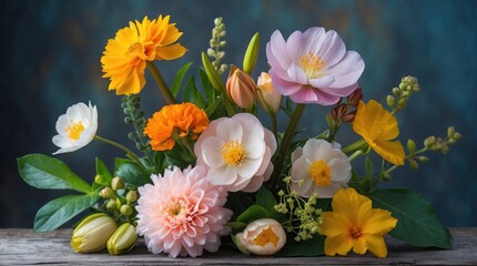 Poster - Vibrant arrangement of assorted botanical flowers in various colors showcasing spring beauty and freshness on a rustic wooden surface.