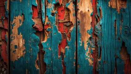 Poster - Weathered wooden texture with vibrant blue and red peeling paint for rustic or vintage design backgrounds.