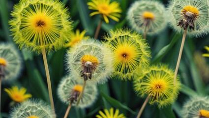 Poster - Vibrant Dandelion Flowers with Yellow Centers Surrounded by Lush Green Foliage Captured in High Quality.