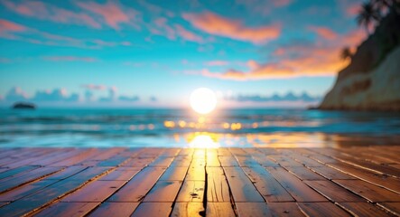 Poster - Serene wooden floor foreground with a blurred beach sunset scene evoking tranquility and relaxation in an abstract coastal setting.