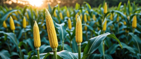 Wall Mural - Golden Corn Ears Growing in a Sunlit Field at Dawn with Lush Green Foliage Surrounding Them