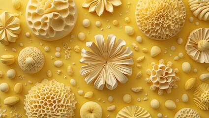 Poster - Artistic arrangement of yellow sponge textures on a vibrant yellow background ideal for use in creative projects and design applications.